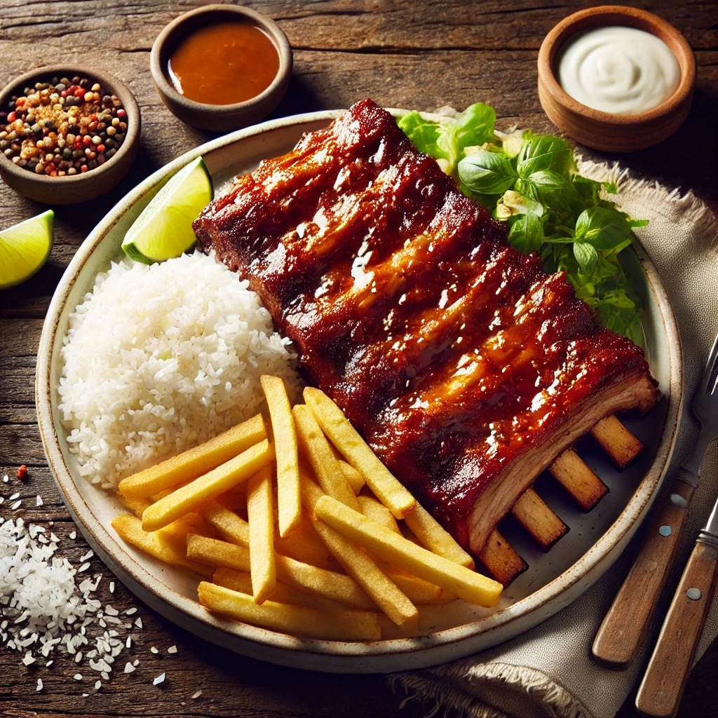 Costela de Porco com Arroz e Batata Frita
