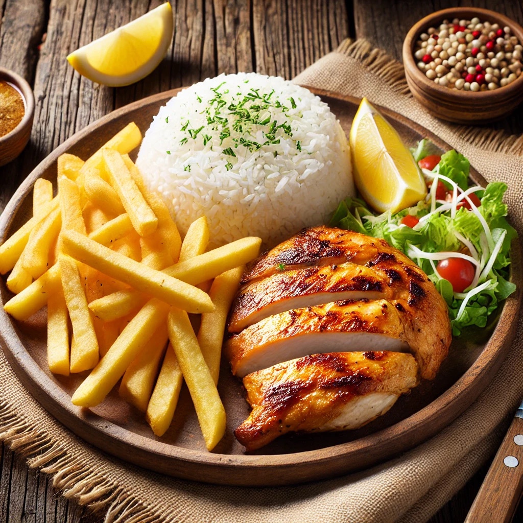 Filé de Frango Grelhado com Arroz e Batata Frita