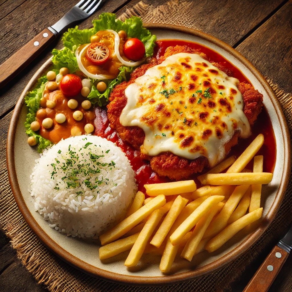 Frango à Parmegiana com Arroz e Batata Frita